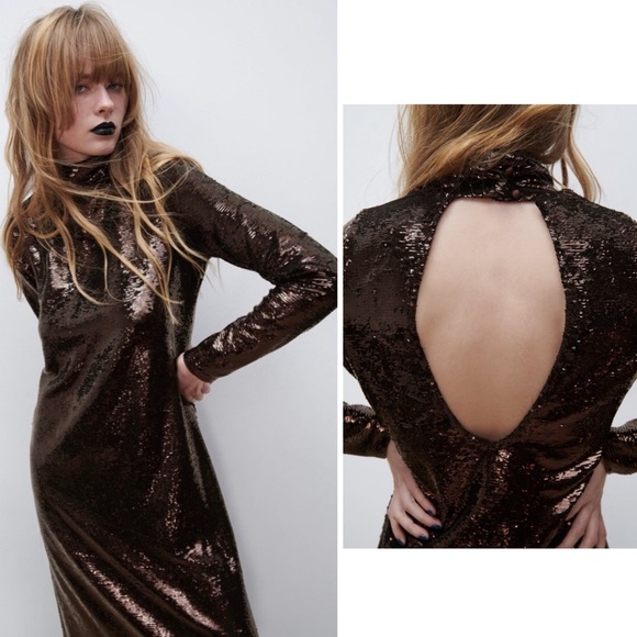 ZARA Sequin Knit Midi Dress Brown Small S NWT - Picture 1 of 16